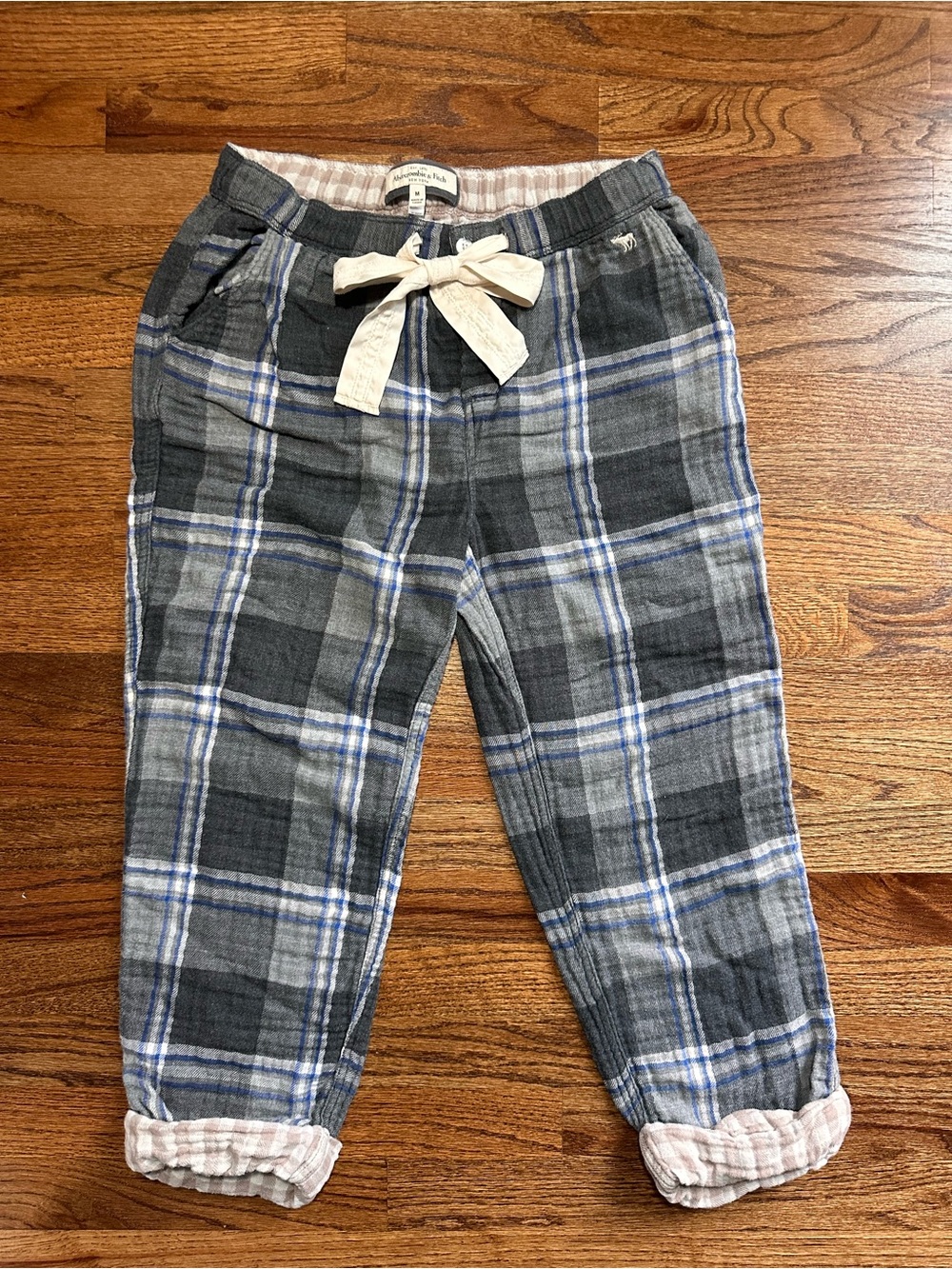 Abercrombie Fitch Women's Y2K Gray Blue Plaid Sleep Pants Gingham Roll Cuff Sz M